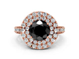 Rose gold Fancy Black Round Cut Diamond Double Halo Ring with Pavé Band and Four-Prong Setting