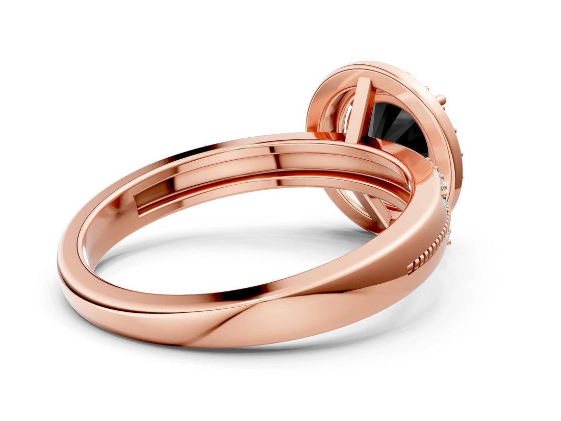 Rose gold Fancy Black Round Cut Diamond Double Halo Ring with Split Shank and Four-Prong Setting