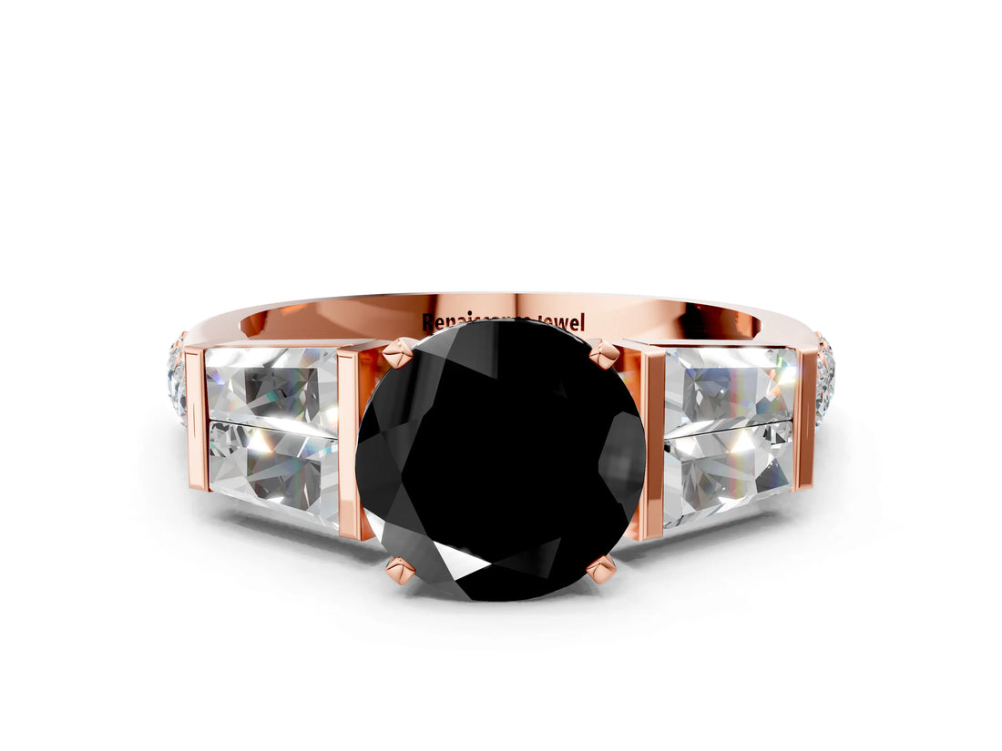 Rose gold Fancy Black Round Cut Diamond Engagement Ring with Baguette Side Stones and Channel Set Band_12