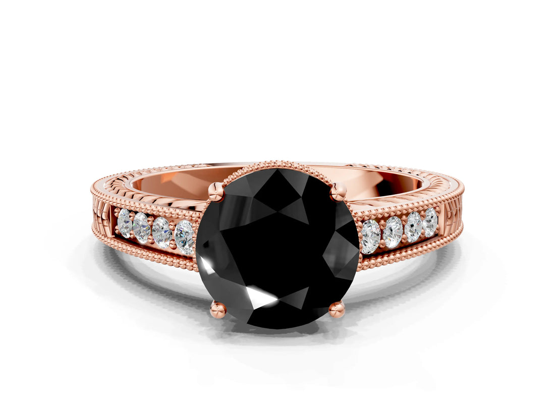 Rose gold Fancy Black Round Cut Diamond Engagement Ring with Milgrain Channel Set Band and Prong Setting