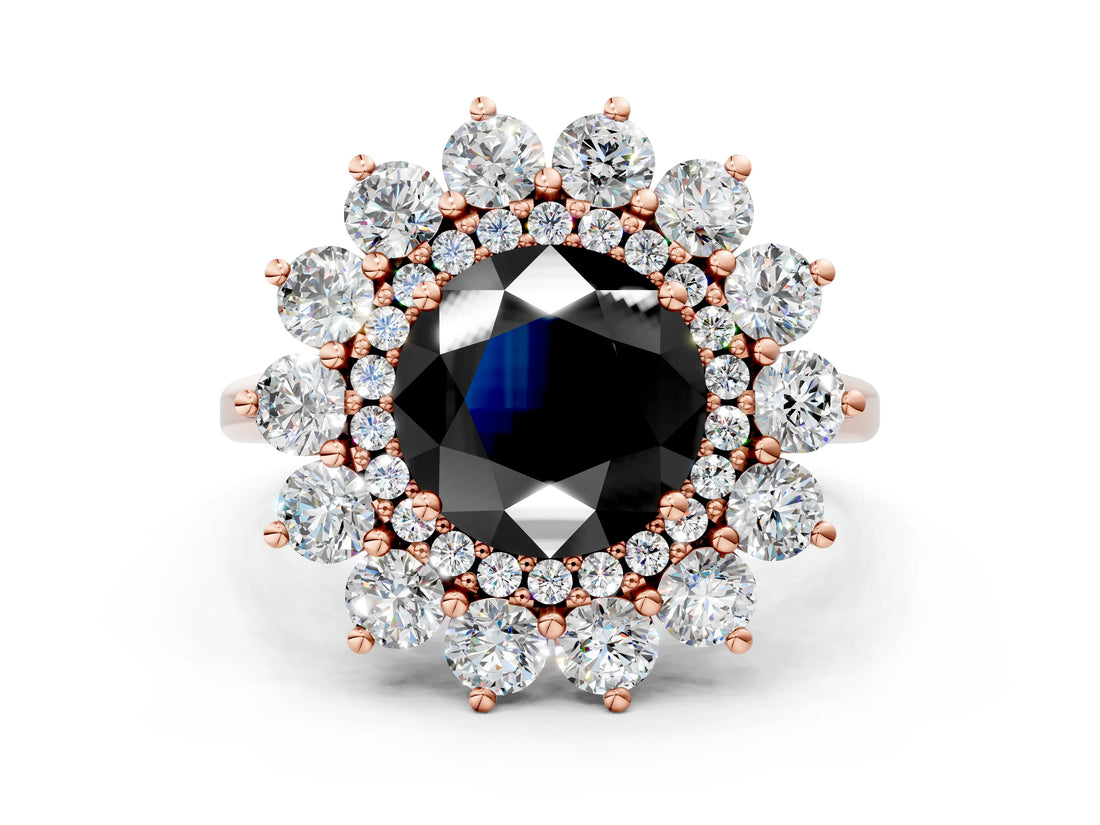 Rose gold Fancy Black Round Cut Diamond Floral Double Halo Engagement Ring with Prong Setting_60