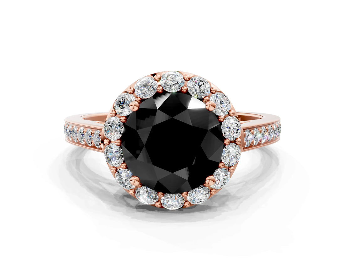 Rose gold Fancy Black Round Cut Diamond Floral Halo Ring with Pavé Band and Prong Setting_3