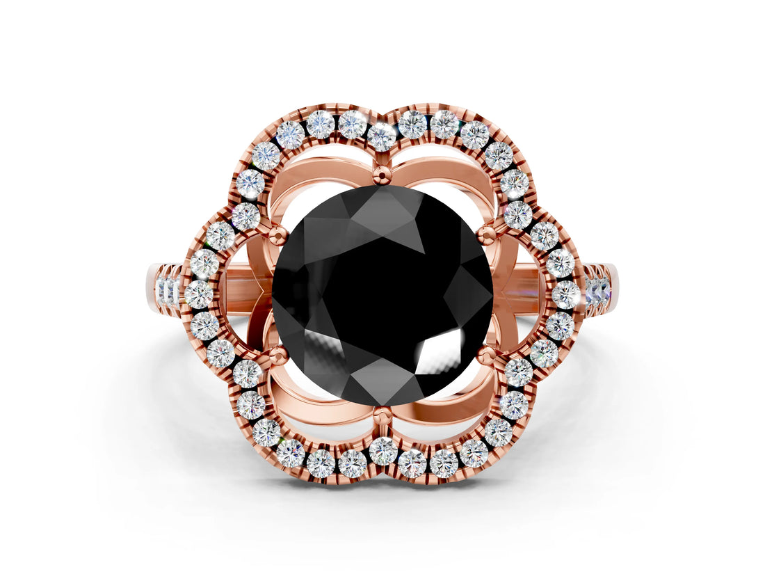 Rose gold Fancy Black Round Cut Diamond Floral Halo Split Shank Prong Setting Ring