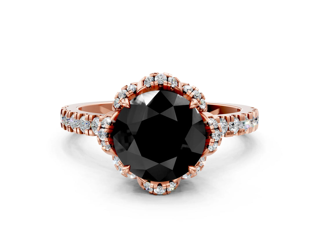 Rose gold Fancy Black Round Cut Diamond Halo Pave Band with Four-Prong Setting_3