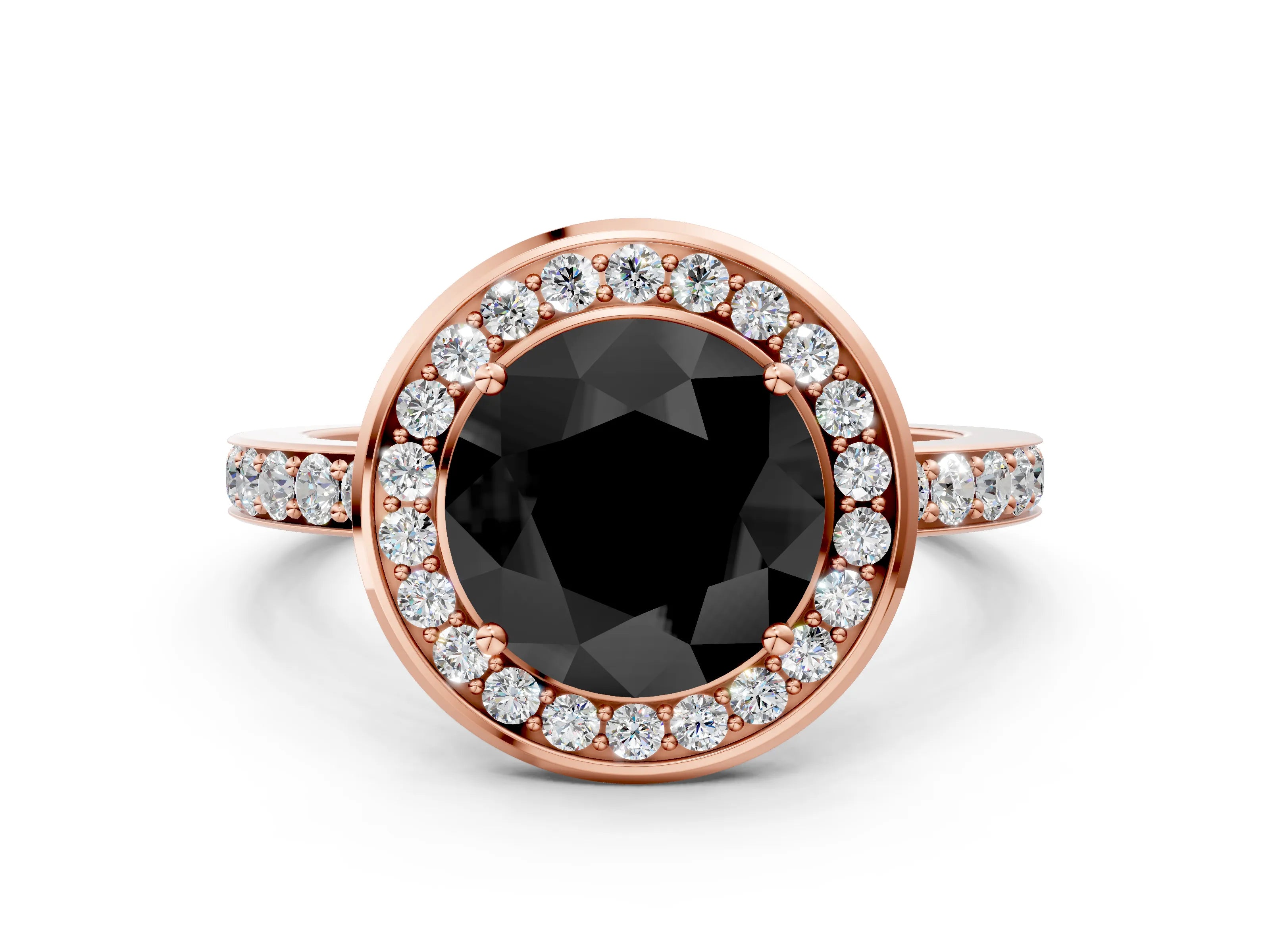 Rose gold Fancy Black Round Cut Diamond Halo Ring with Bezel Frame and Pavé Band