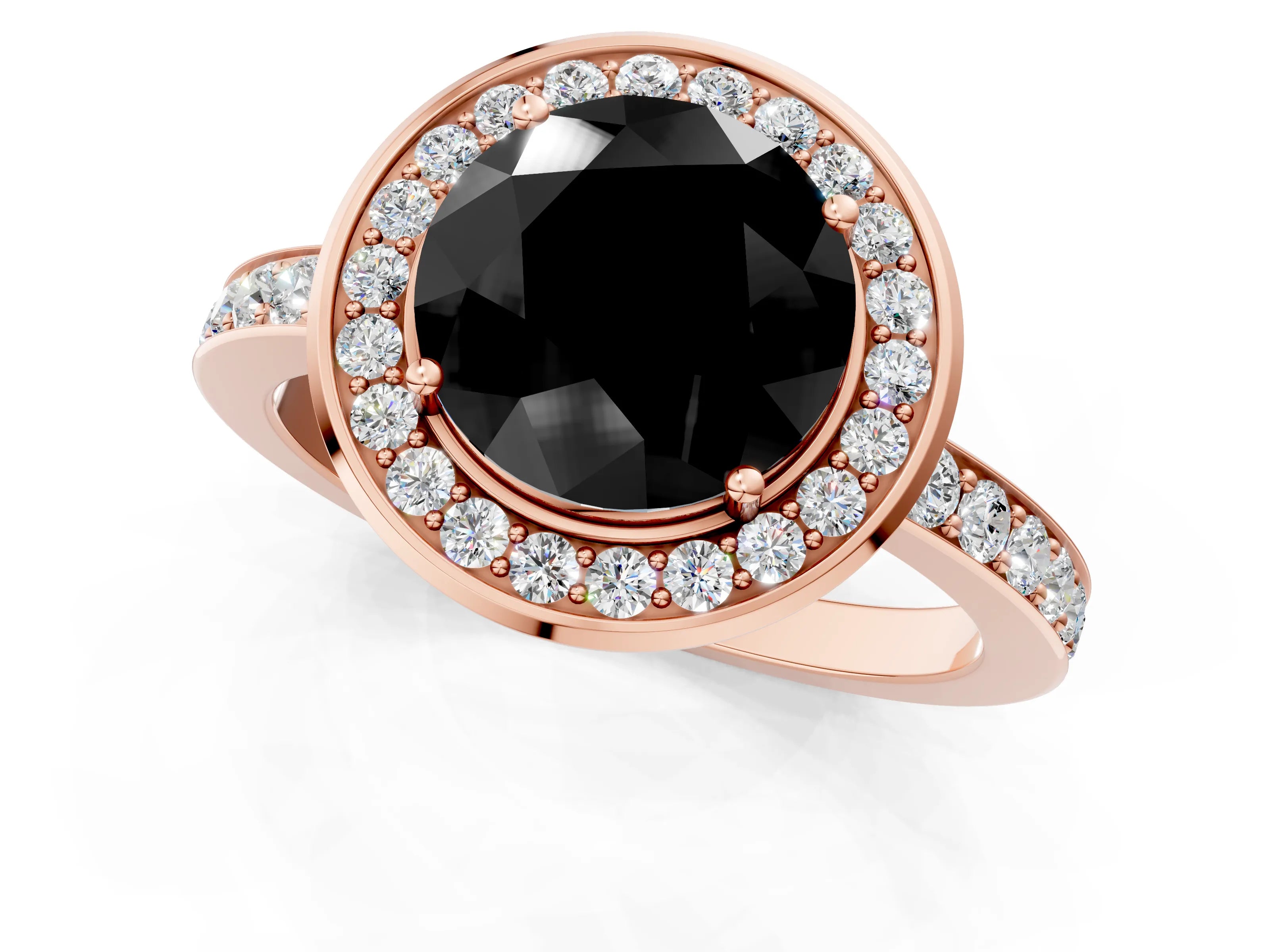 Rose gold Fancy Black Round Cut Diamond Halo Ring with Bezel Frame and Pavé Band_1