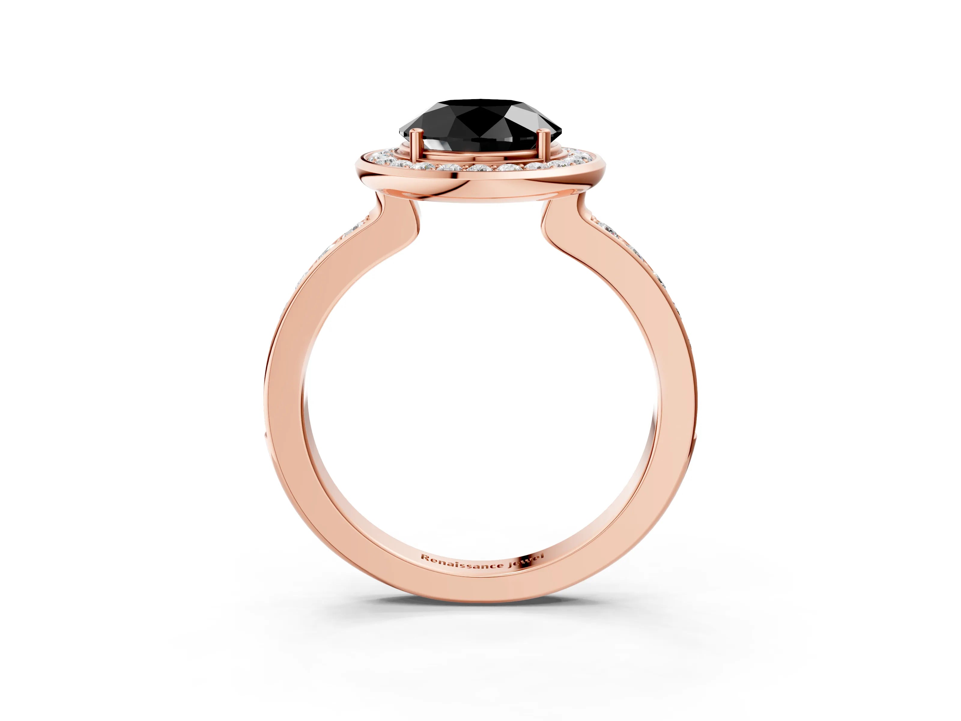 Rose gold Fancy Black Round Cut Diamond Halo Ring with Bezel Frame and Pavé Band_3
