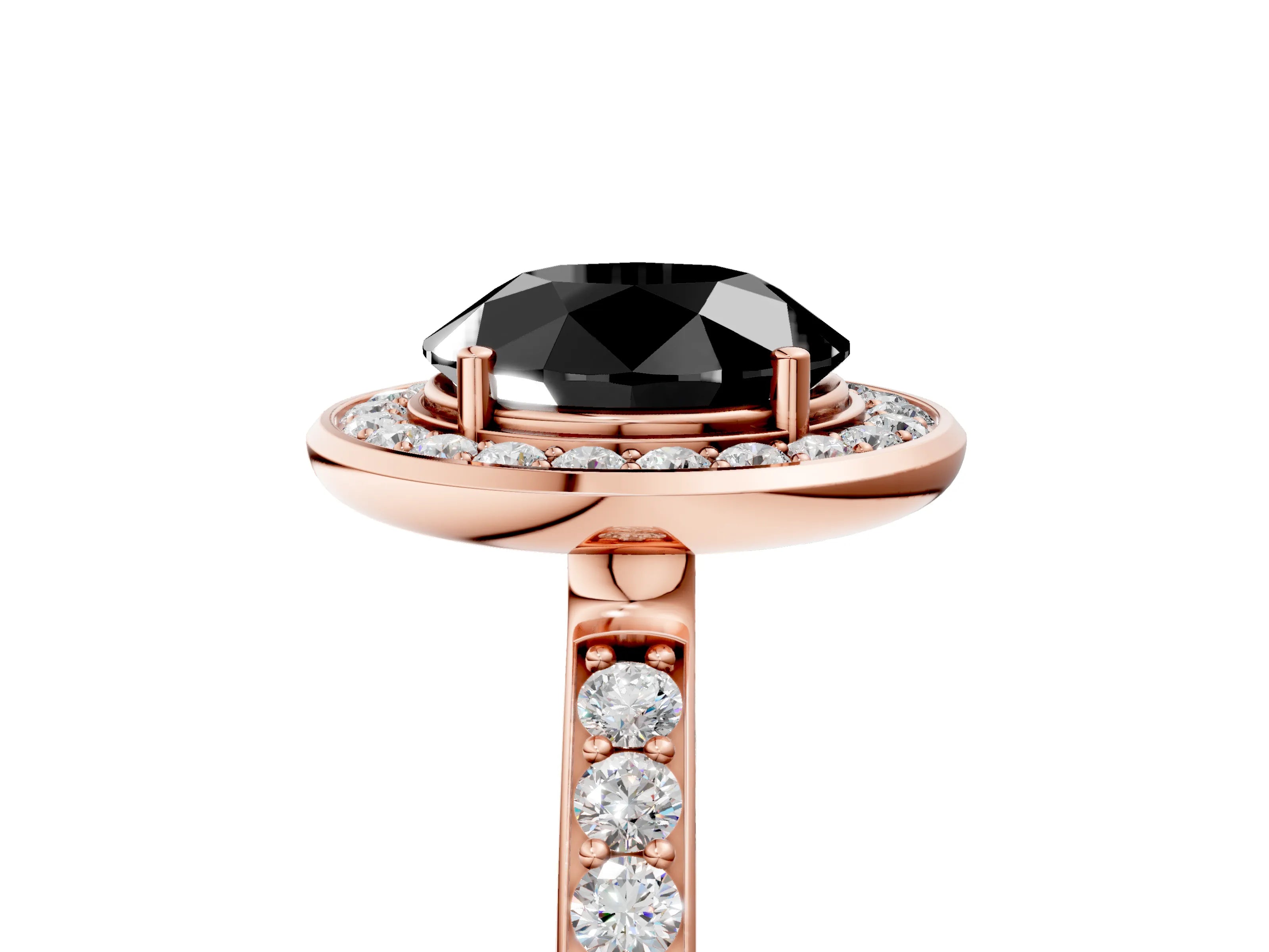 Rose gold Fancy Black Round Cut Diamond Halo Ring with Bezel Frame and Pavé Band_5