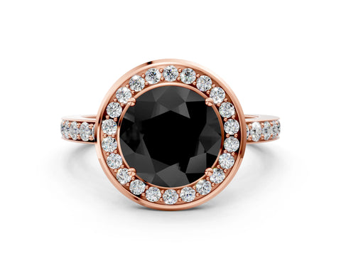 Rose gold Fancy Black Round Cut Diamond Halo Ring with Bezel Frame and Pavé Band
