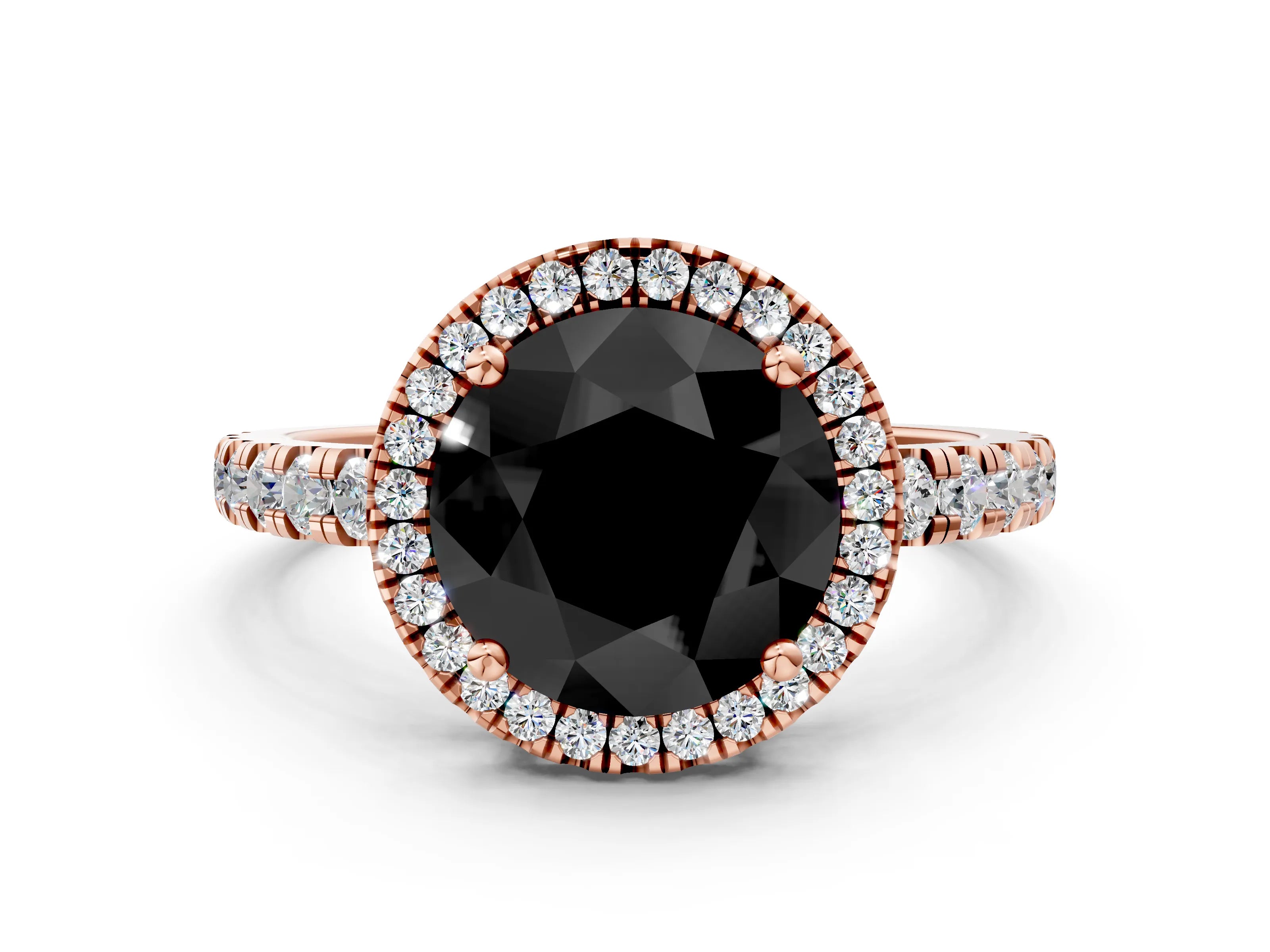 Rose gold Fancy Black Round Cut Diamond Halo Ring with Pavé Band and Four-Prong Setting