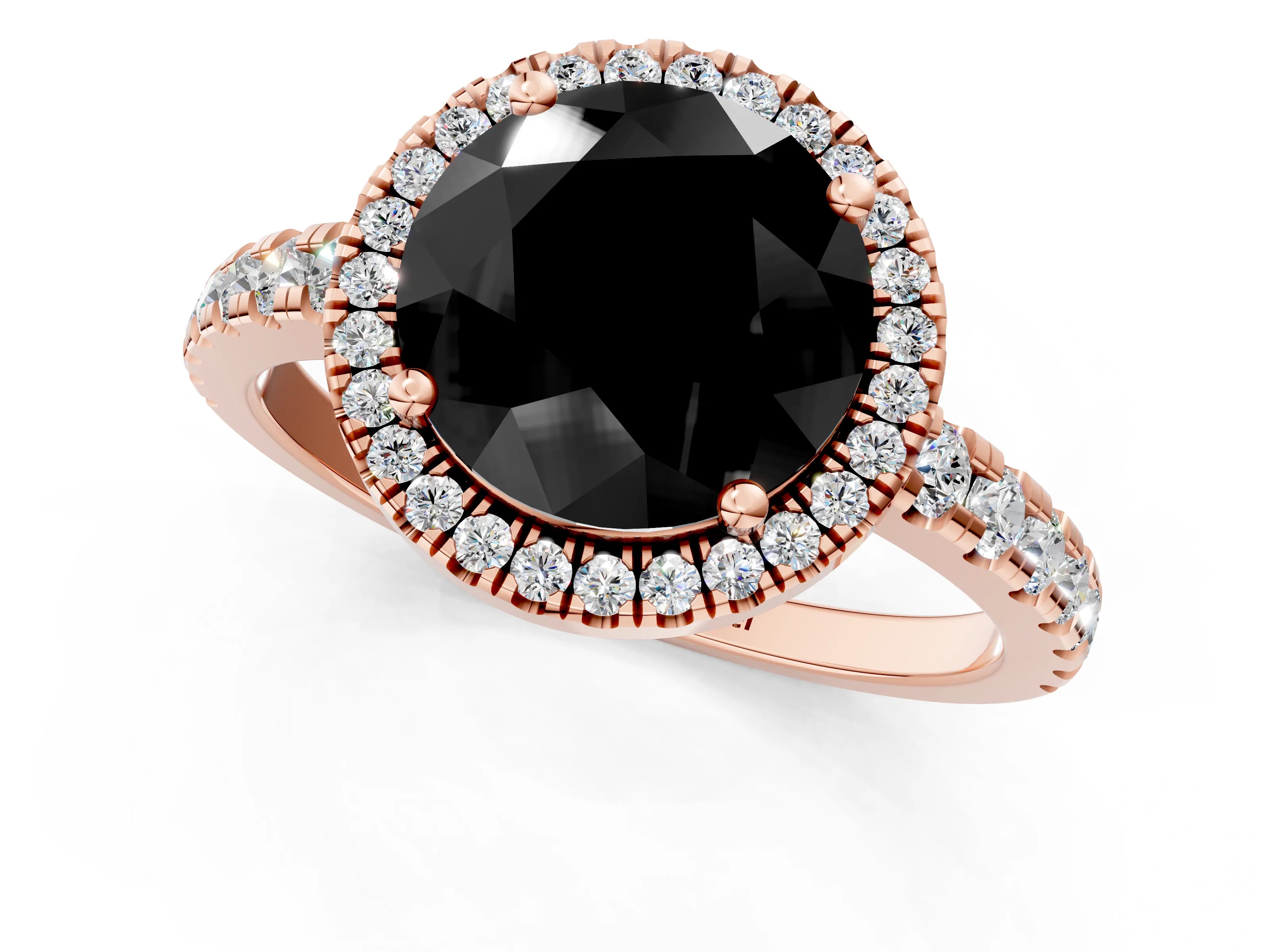 Rose gold Fancy Black Round Cut Diamond Halo Ring with Pavé Band and Four-Prong Setting_1