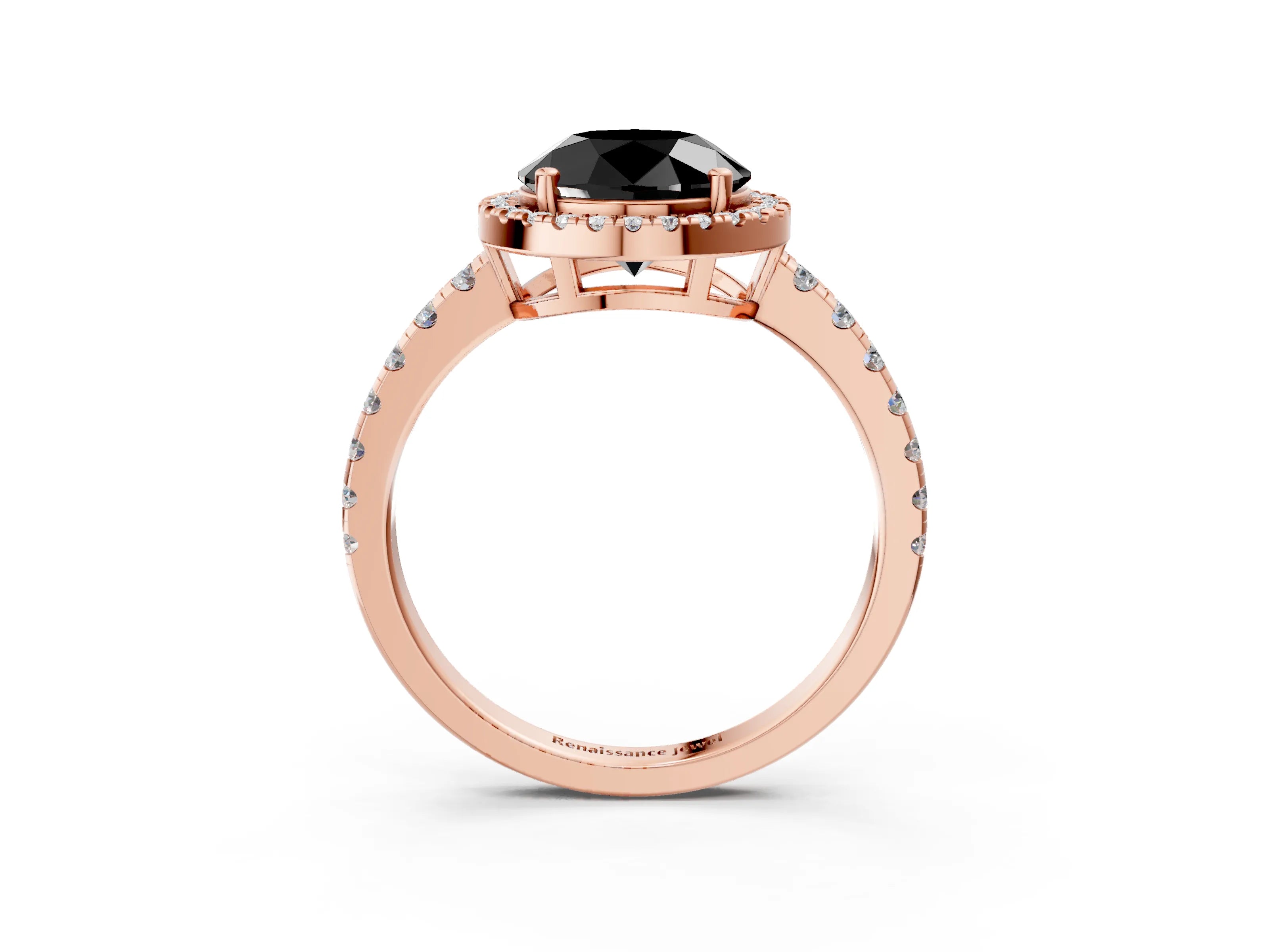 Rose gold Fancy Black Round Cut Diamond Halo Ring with Pavé Band and Four-Prong Setting_3