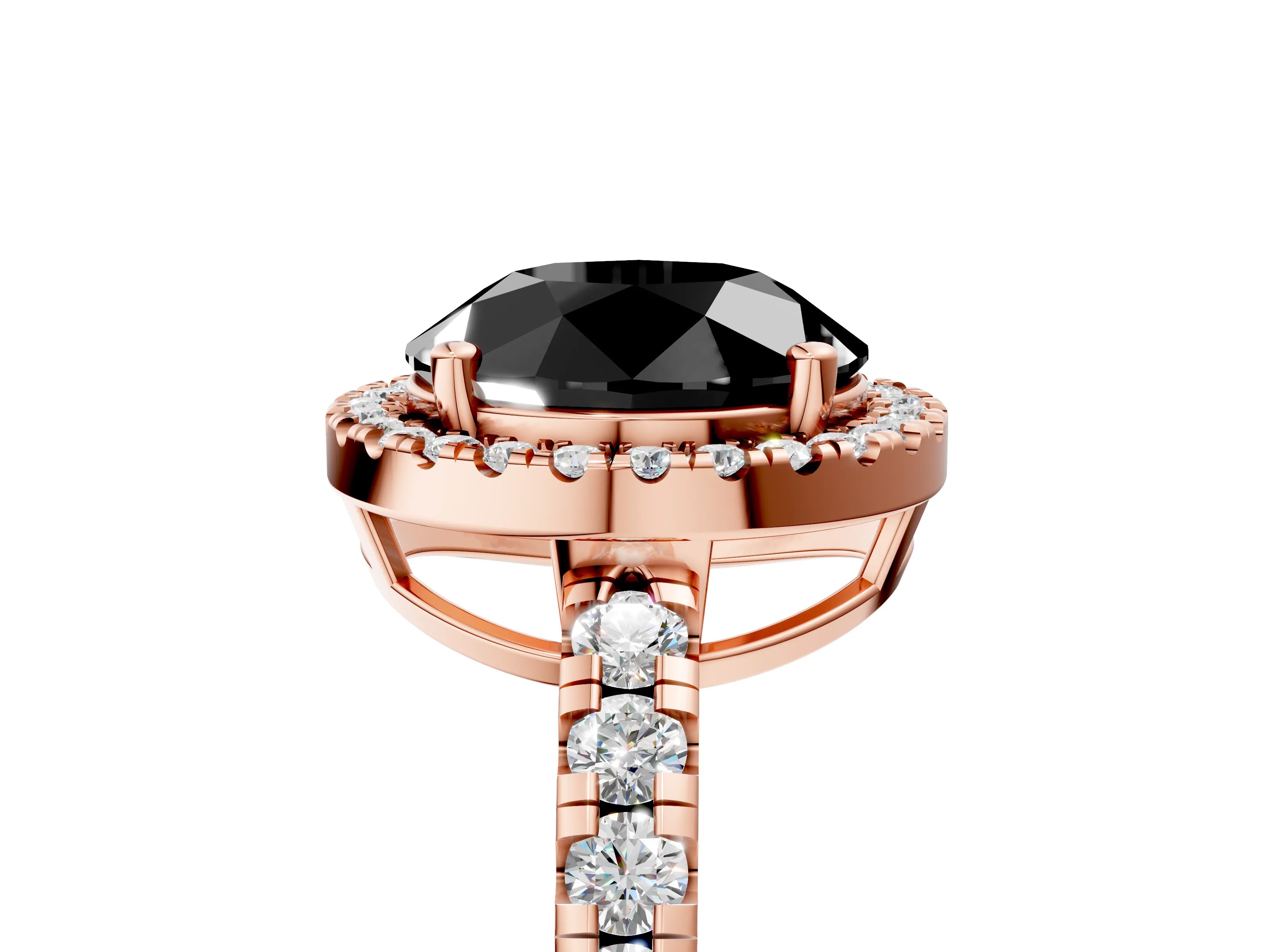 Rose gold Fancy Black Round Cut Diamond Halo Ring with Pavé Band and Four-Prong Setting_5