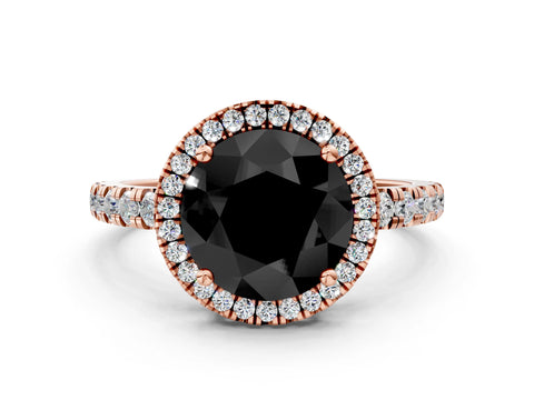 Rose gold Fancy Black Round Cut Diamond Halo Ring with Pavé Band and Four-Prong Setting