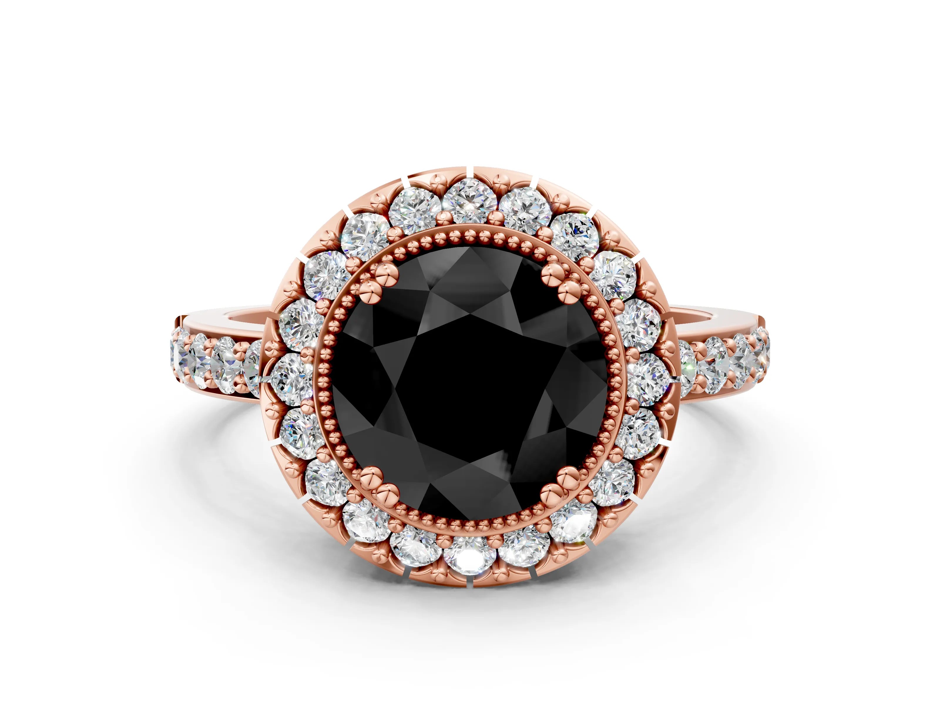 Rose gold Fancy Black Round Cut Diamond Halo Ring with Pavé Band and Prong Setting