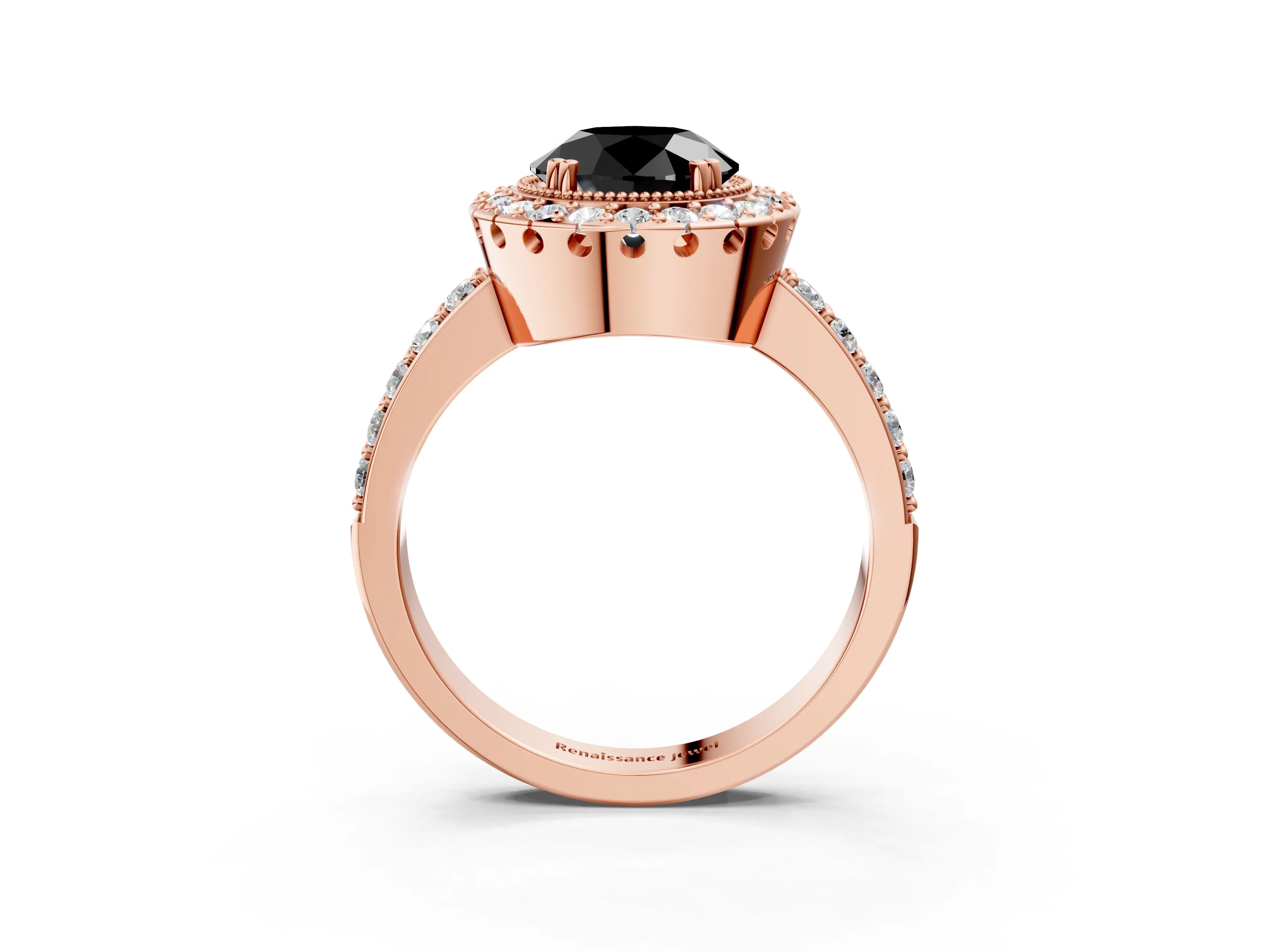 Rose gold Fancy Black Round Cut Diamond Halo Ring with Pavé Band and Prong Setting_3