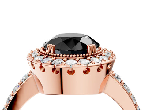 Rose gold Fancy Black Round Cut Diamond Halo Ring with Pavé Band and Prong Setting_4