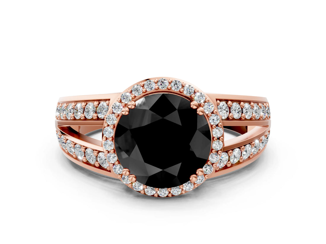 Rose gold Fancy Black Round Cut Diamond Halo Ring with Split Shank Pavé Band and Four-Prong Setting