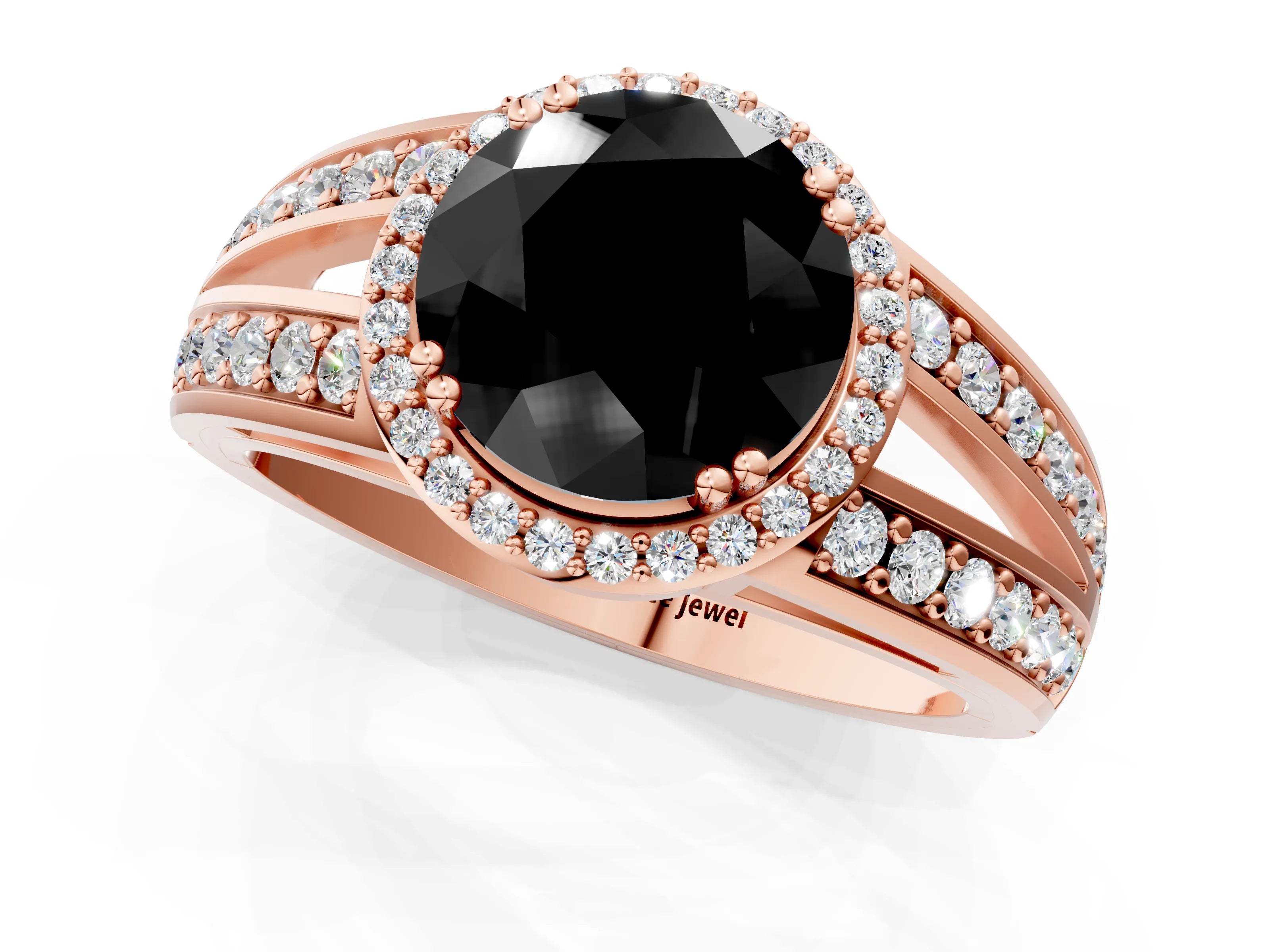 Rose gold Fancy Black Round Cut Diamond Halo Ring with Split Shank Pavé Band and Four-Prong Setting_1
