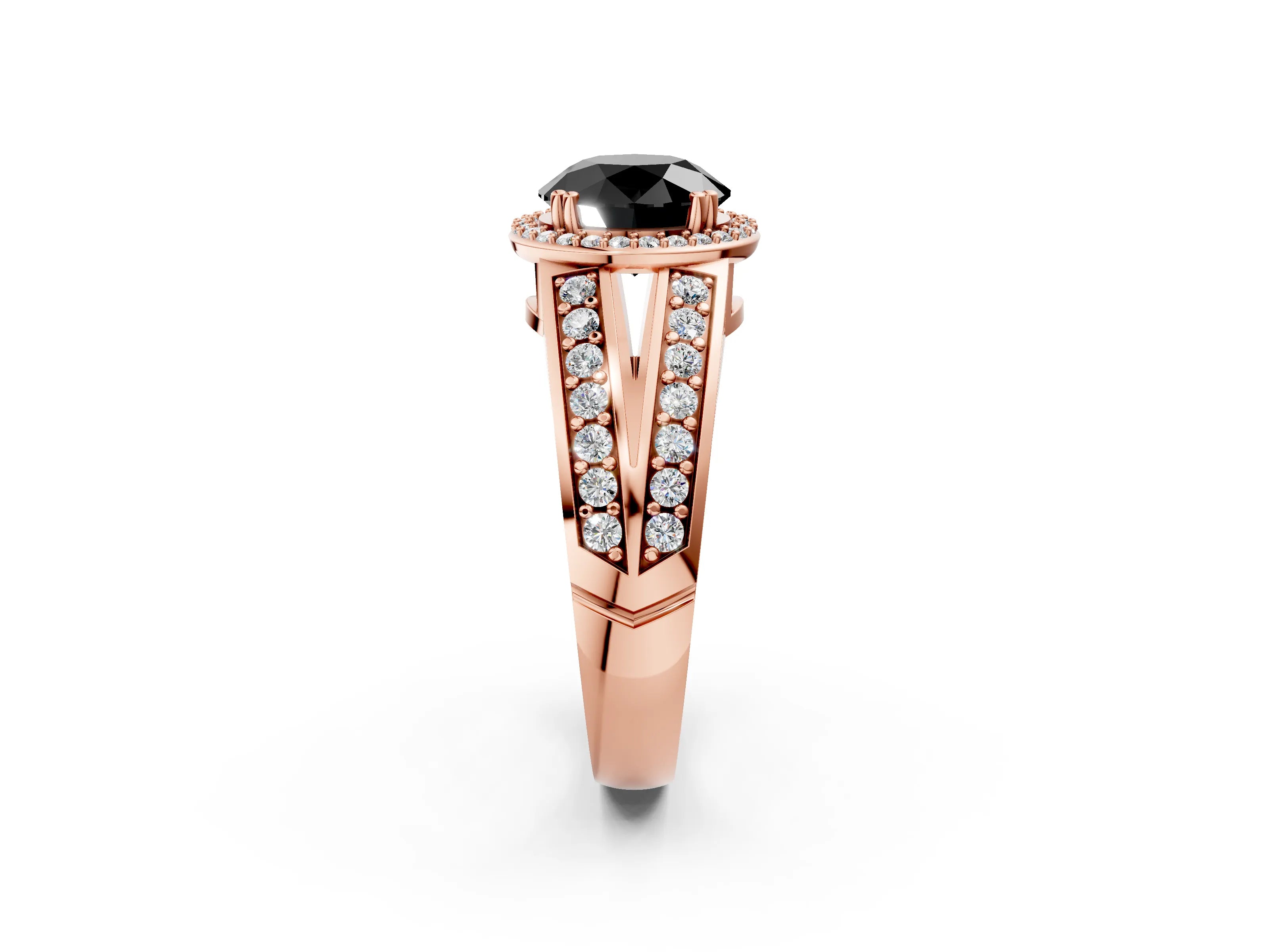 Rose gold Fancy Black Round Cut Diamond Halo Ring with Split Shank Pavé Band and Four-Prong Setting_2