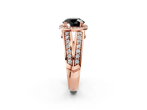 Rose gold Fancy Black Round Cut Diamond Halo Ring with Split Shank Pavé Band and Four-Prong Setting_2