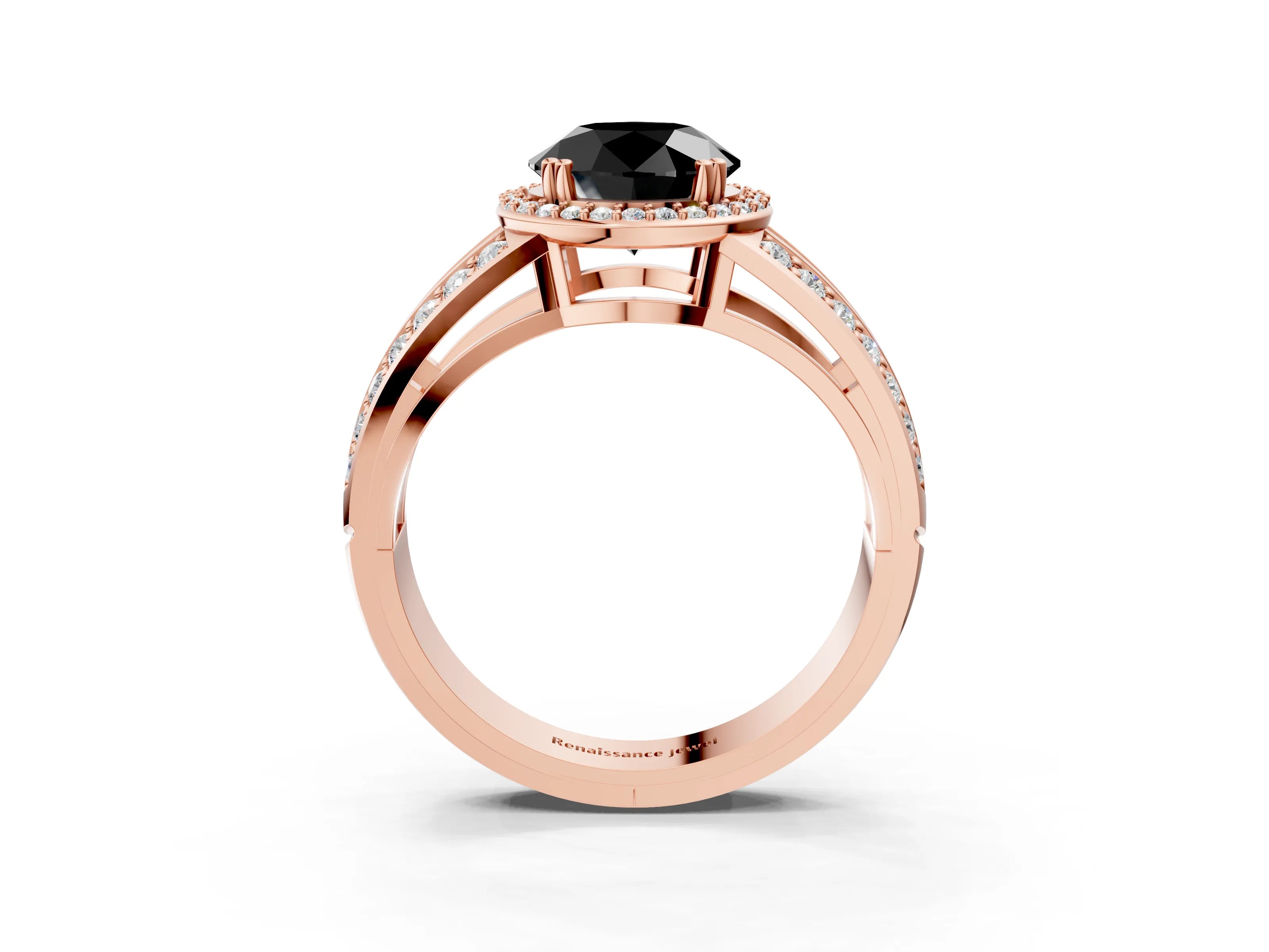 Rose gold Fancy Black Round Cut Diamond Halo Ring with Split Shank Pavé Band and Four-Prong Setting_3