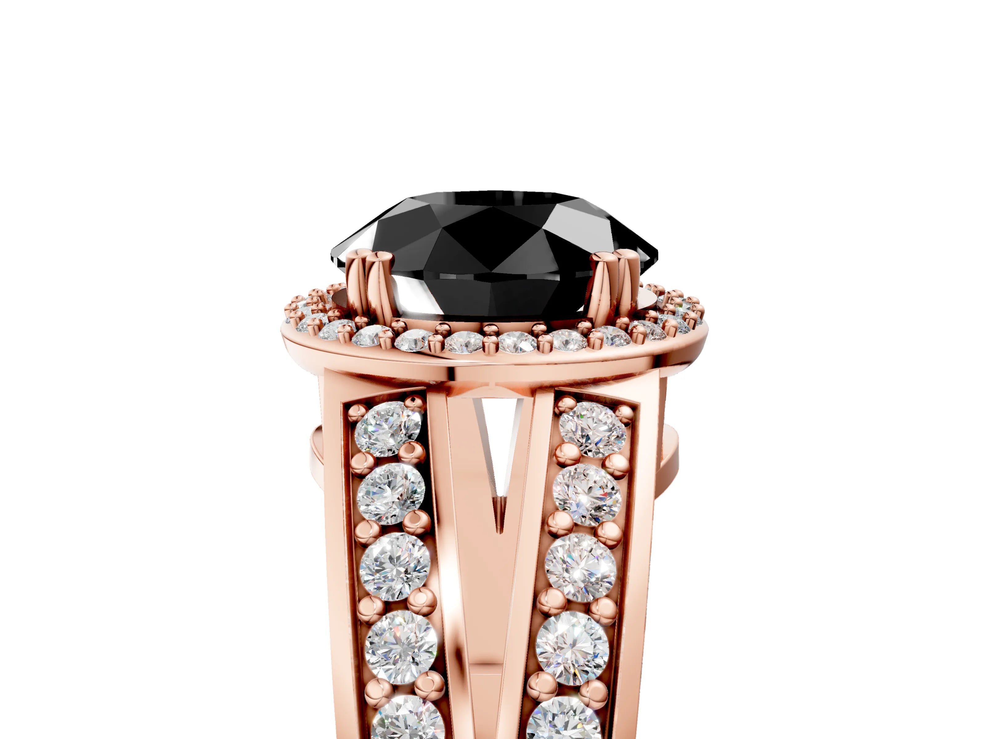 Rose gold Fancy Black Round Cut Diamond Halo Ring with Split Shank Pavé Band and Four-Prong Setting_5