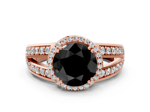 Rose gold Fancy Black Round Cut Diamond Halo Ring with Split Shank Pavé Band and Four-Prong Setting