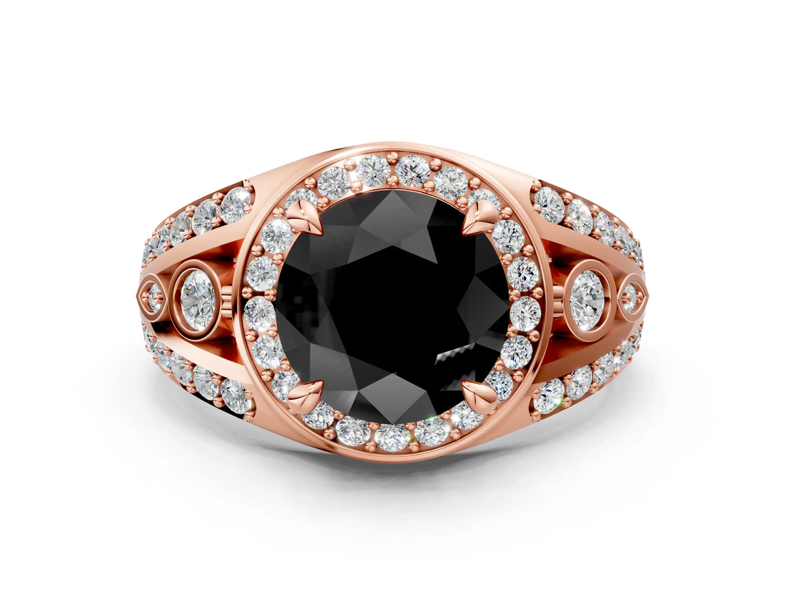 Rose gold Fancy Black Round Cut Diamond Halo Ring with Split Shank and Bezel Accents and Four-Prong Setting