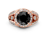 Rose gold Fancy Black Round Cut Diamond Halo Ring with Split Shank and Bezel Accents and Four-Prong Setting