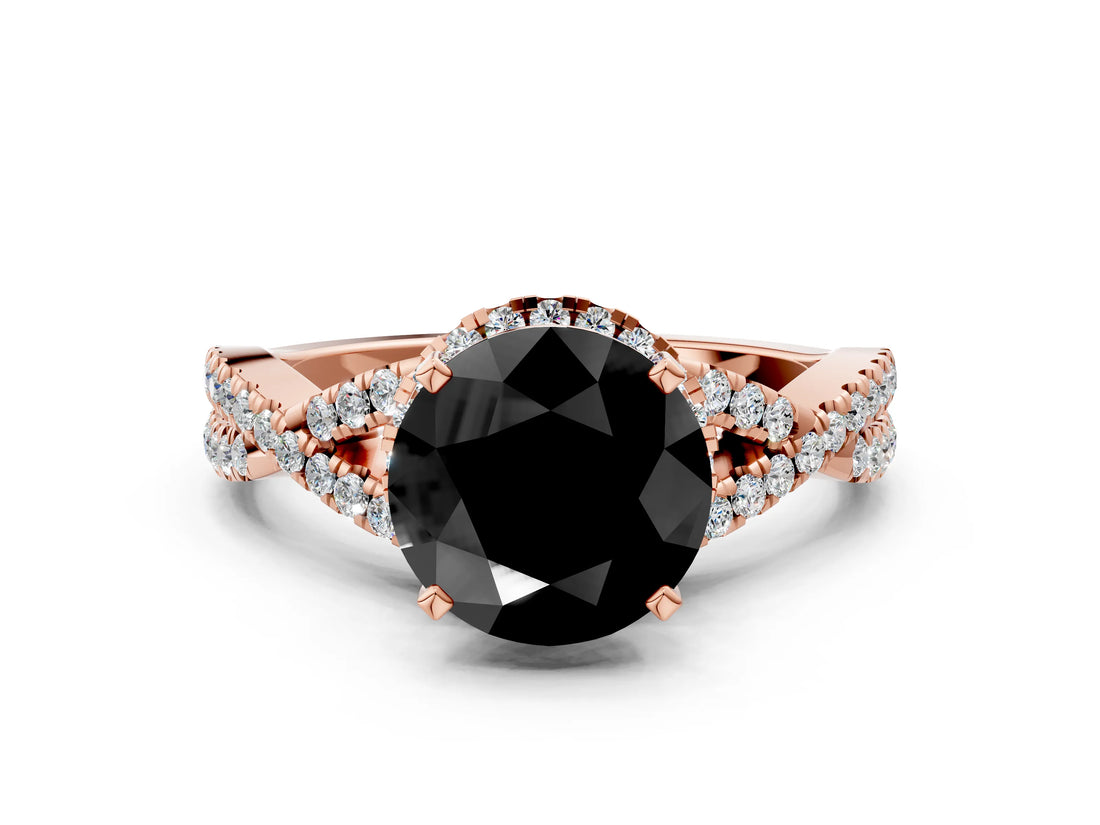 Rose gold Fancy Black Round Cut Diamond Halo Twist Band Solitaire Prong Setting Ring