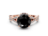 Rose gold Fancy Black Round Cut Diamond Halo Twist Band Solitaire Prong Setting Ring