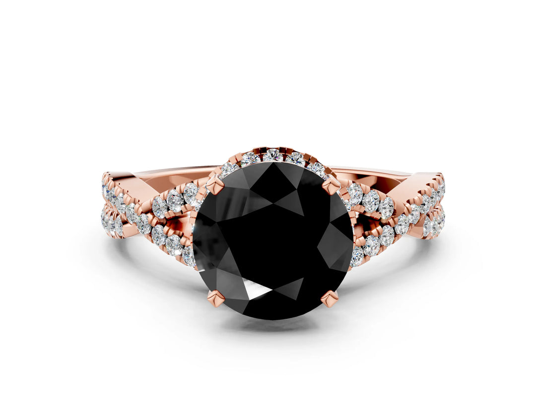 Rose gold Fancy Black Round Cut Diamond  Halo Twist Band Solitaire Prong Setting Ring_36