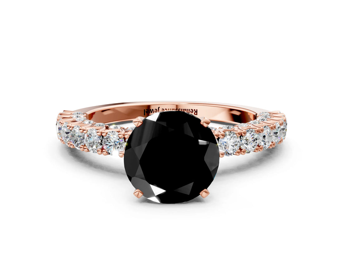 Rose gold Fancy Black Round Cut Diamond Pavé Band Solitaire Ring with Prong Setting_12