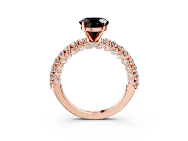 Rose Gold Round Solitaire Engagement Ring Setting for Black Center with Two-Row Round Accent Band