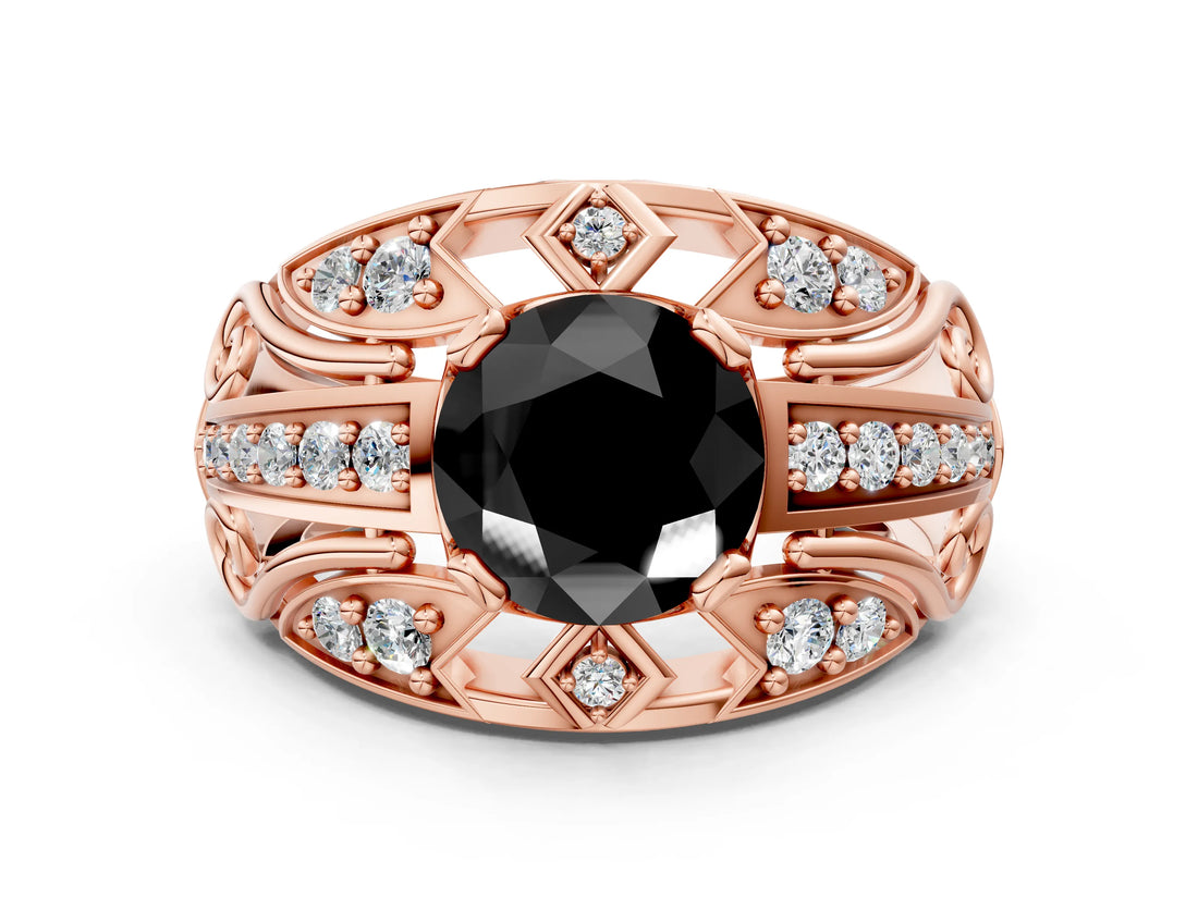 Rose gold Fancy Black Round Cut Diamond Pave Art Deco Split Shank Ring with Four-Prong Setting