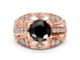 Rose gold Fancy Black Round Cut Diamond Pave Art Deco Split Shank Ring with Four-Prong Setting
