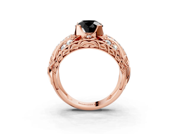 Rose gold Fancy Black Round Cut Diamond Pave Art Deco Split Shank Ring with Four-Prong Setting