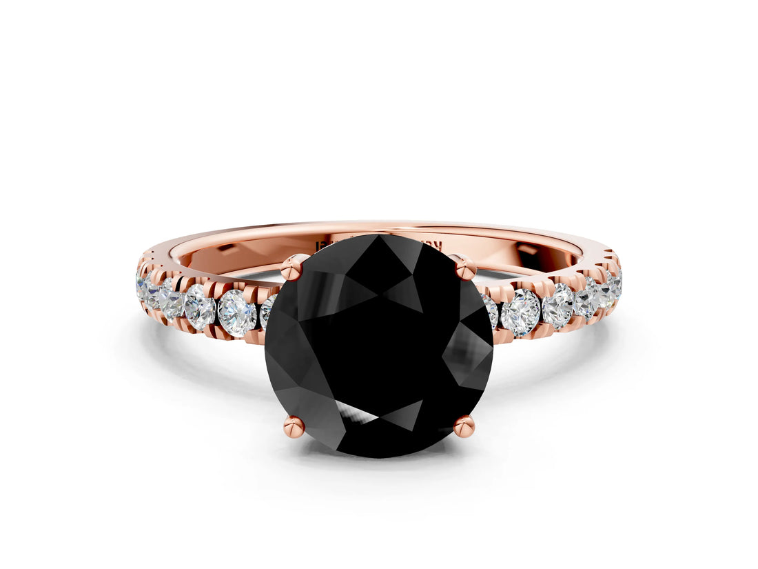 Rose gold Fancy Black Round Cut Diamond Pave Band Solitaire Ring with Four-Prong Setting_12