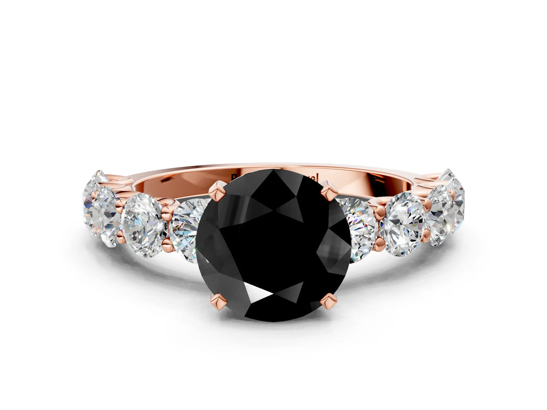 Rose gold Fancy Black Round Cut Diamond Prong Setting with Side Stones on a Pave Band