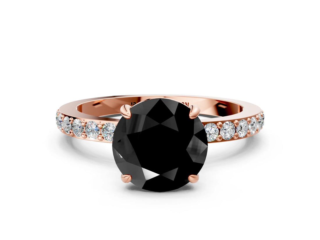 Rose gold Fancy Black Round Cut Diamond Ring with Pavé Band and Four-Prong Setting