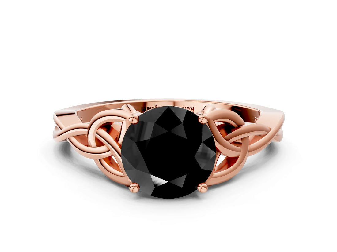 Rose gold Fancy Black Round Cut Diamond Solitaire Engagement Ring with Celtic Knot Band and Four-Prong Setting