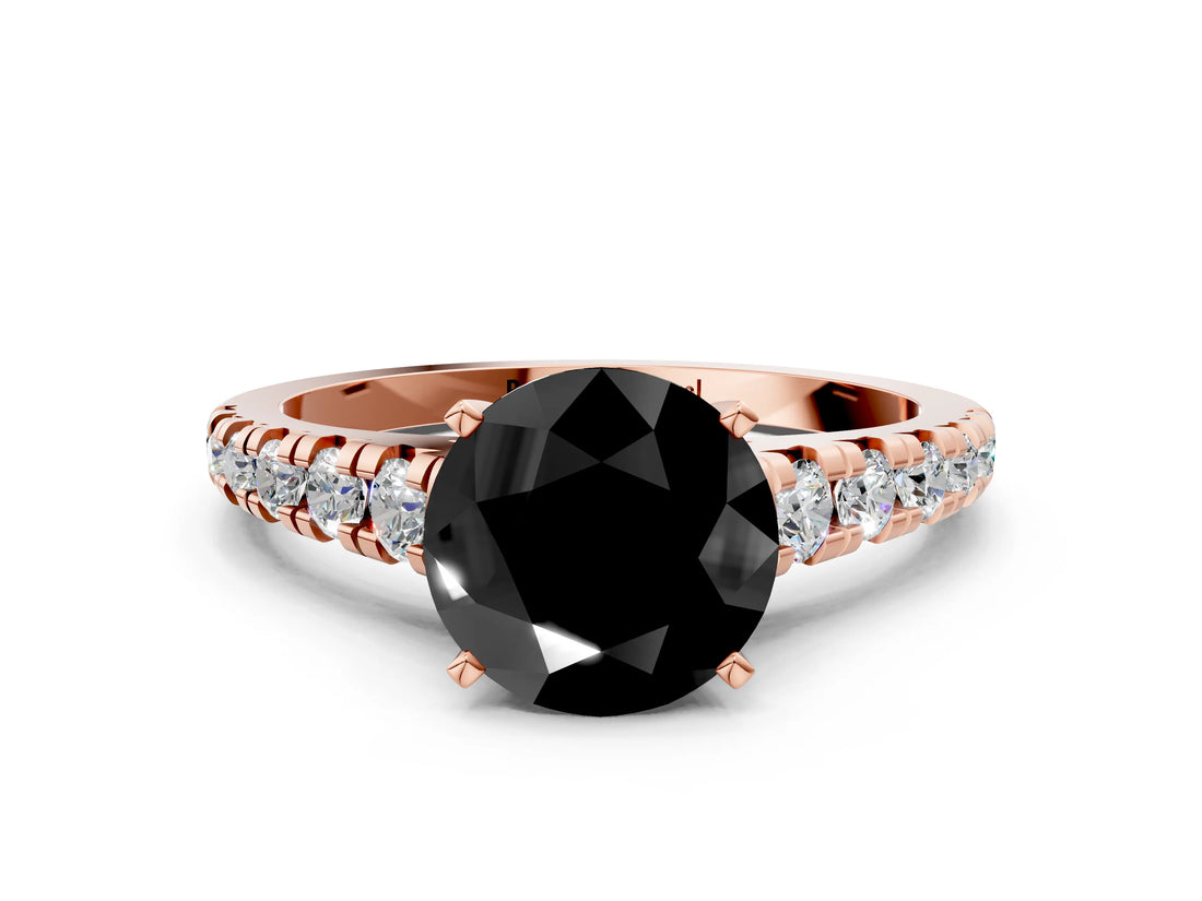 Rose gold Fancy Black Round Cut Diamond Solitaire Ring with Cathedral Setting and Pavé Band