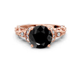 Rose gold Fancy Black Round Cut Diamond Solitaire Ring with Filigree Band and Four-Prong Setting