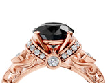 Rose gold Fancy Black Round Cut Diamond Solitaire Ring with Filigree Band and Four-Prong Setting_4