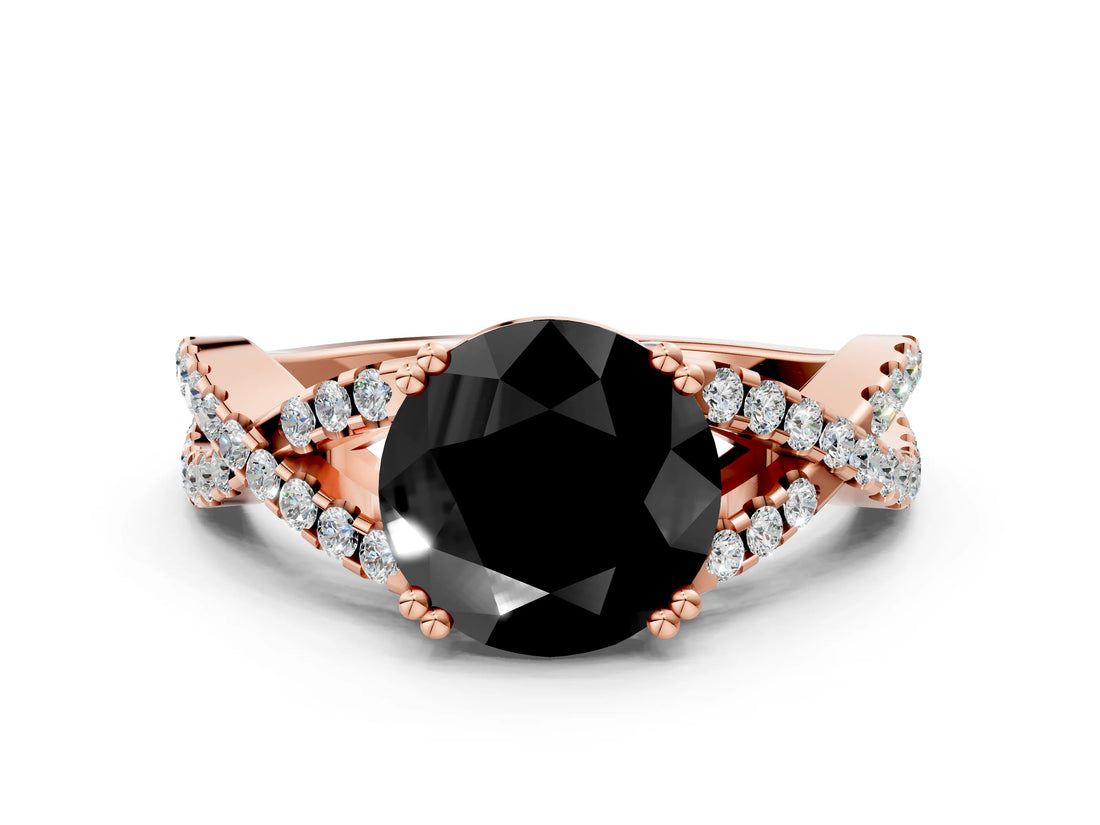 Rose gold Fancy Black Round Cut Diamond Solitaire Ring with Four-Prong Setting and Twisted Pavé Band