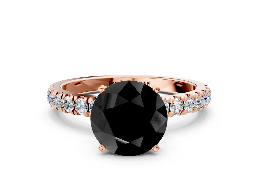 Rose gold Fancy Black Round Cut Diamond Solitaire Ring with Pavé Accents and Four-Prong Setting