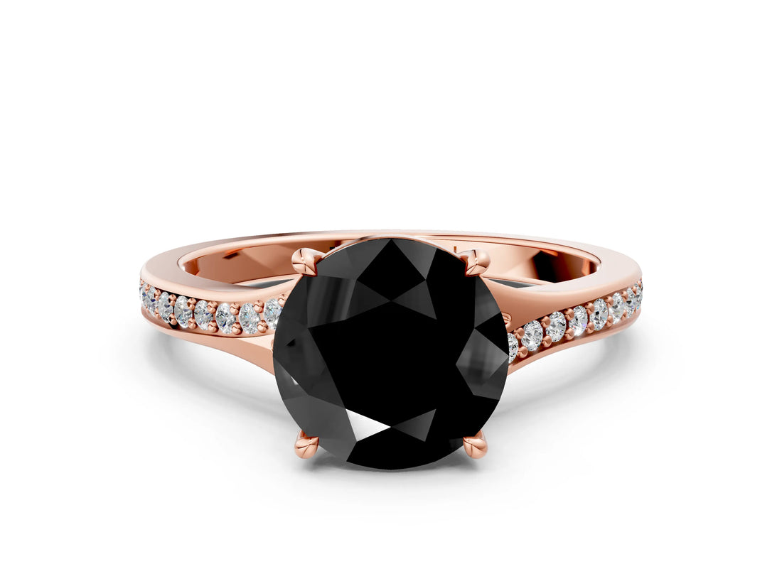 Rose gold Fancy Black Round Cut Diamond Solitaire Ring with Pavé Band and Prong Setting_12