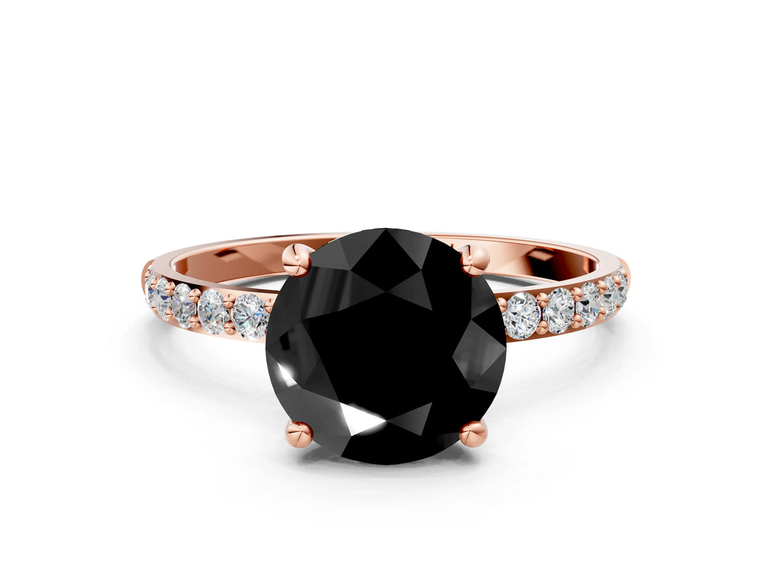 Rose gold Fancy Black Round Cut Diamond Solitaire Ring with Pave Band and Four Prong Setting_12