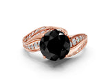 Rose gold Fancy Black Round Cut Diamond Solitaire Ring with Prong Setting and Twisted Pavé Band